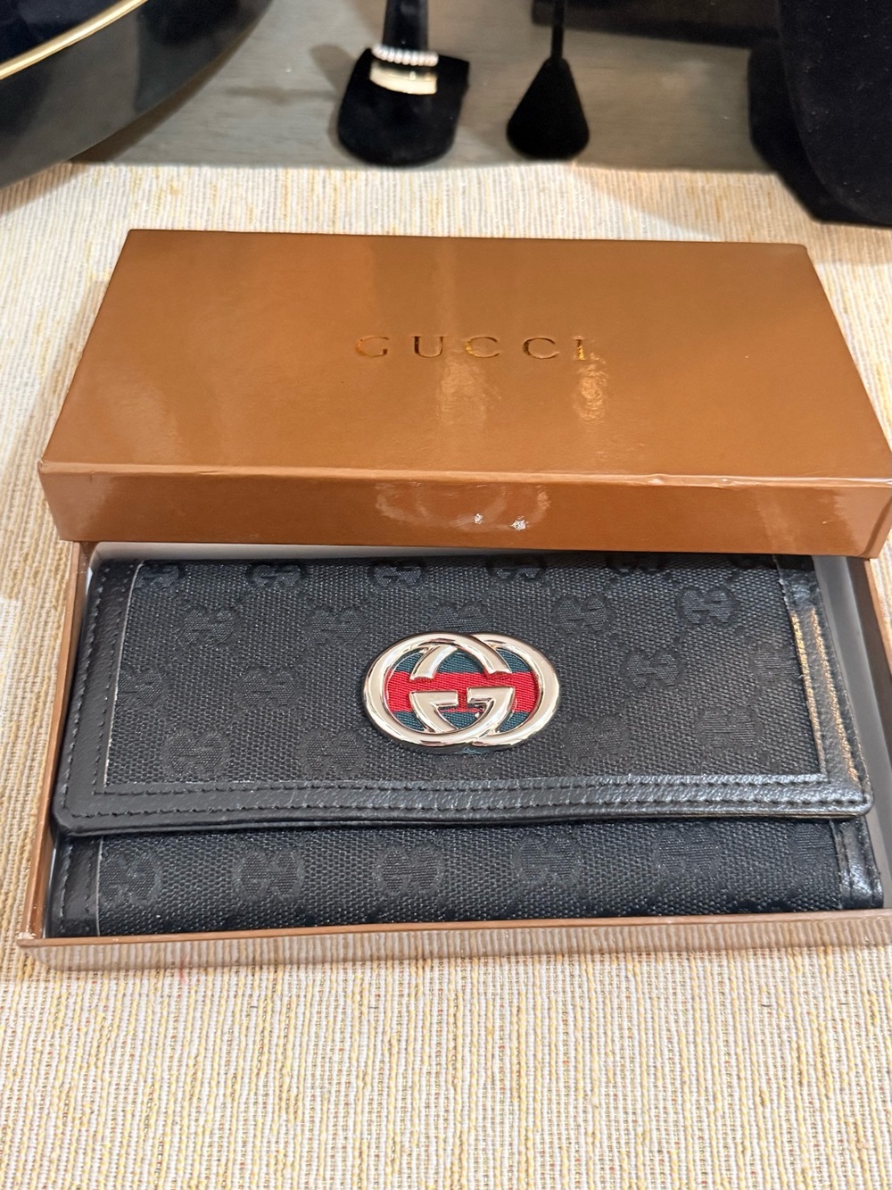 Gucci Black GG Canvas Continental Wallet with Red & Green Enamel Logo